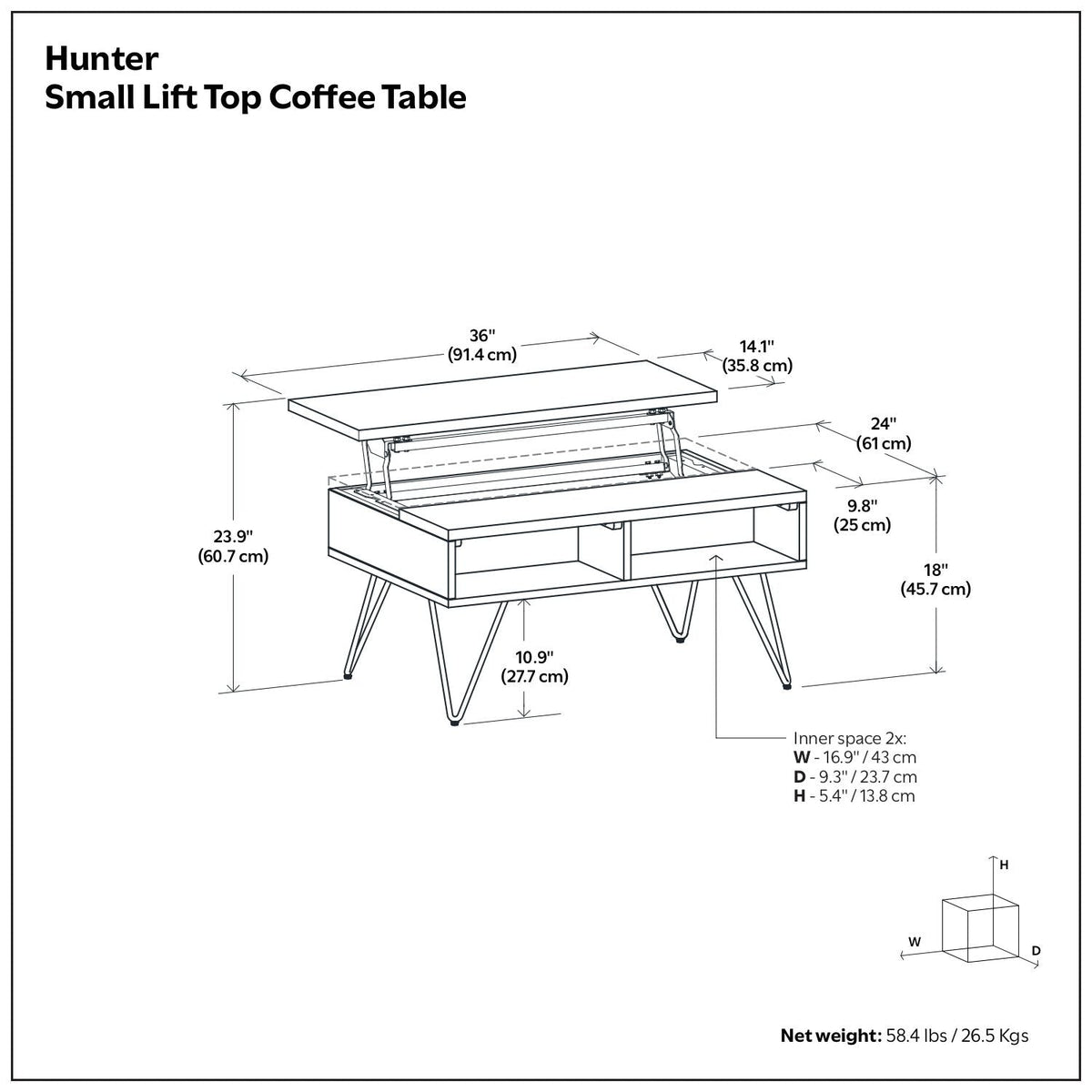 HouseOfZazla Oak Lift Top Coffee Table with hidden storage and lift-top lid, metal hairpin legs on Tampa Home & Garden Store