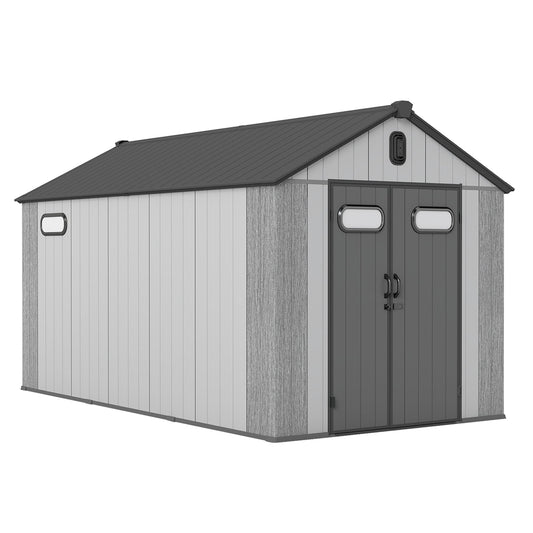 8x14Ft Resin Outdoor Storage Shed with Carpet by HouseOfZazla, gray walls and dark doors, metal roof on Tampa Home & Garden Store