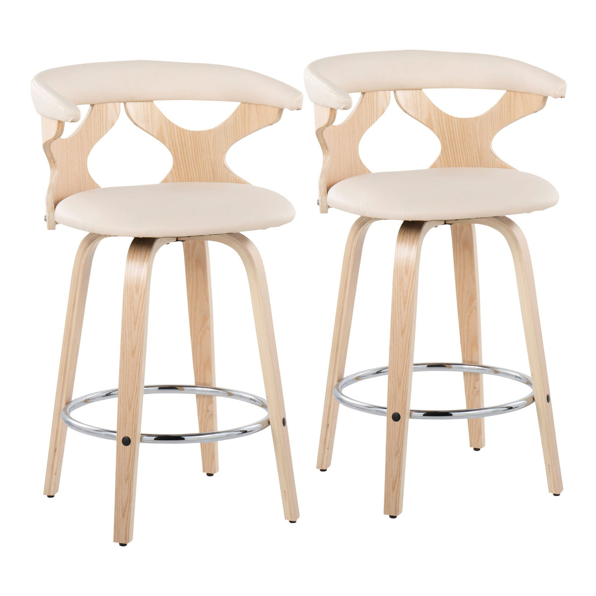 Pair of mid-century counter stools with swivel, natural wood, beige cushions, chrome foot rings on Tampa Home & Garden Store