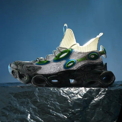 Galaxy Blade Sneaker by FLIPSTYLEZLLC, white knit upper with green blue rings, chunky sole on Tampa Home & Garden Store