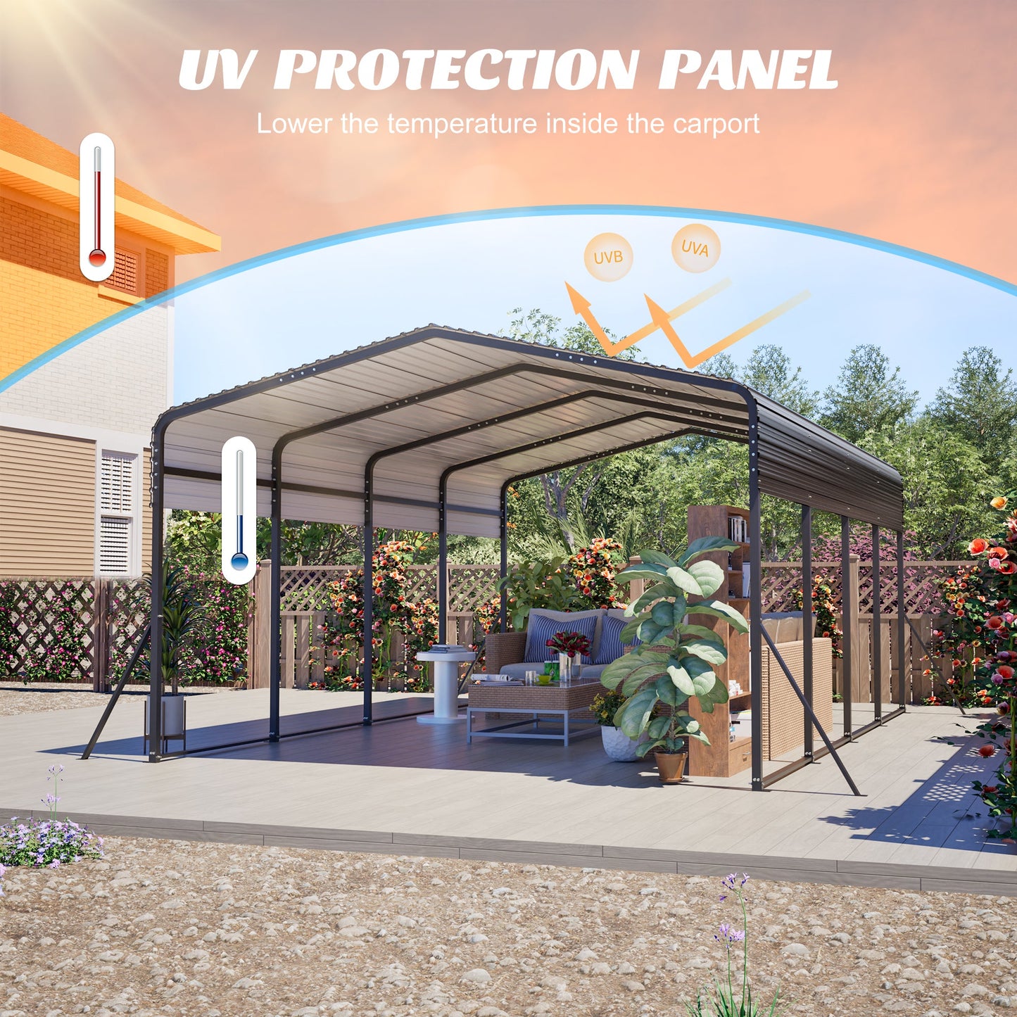 13x20 ft metal carport with upgraded frame, black powder-coated steel open shelter on Tampa Home & Garden Store