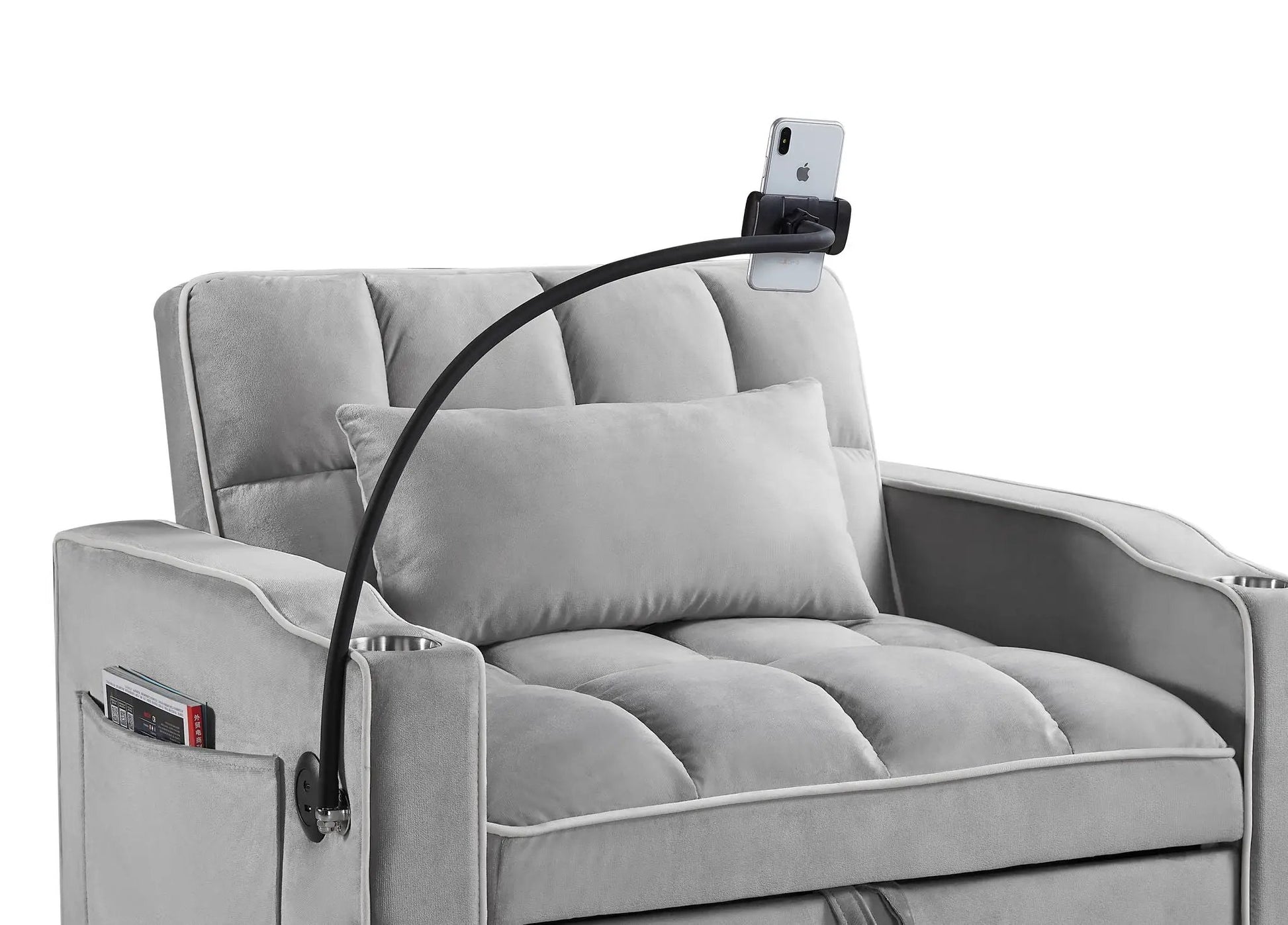 Convertible sleeper chair sofa bed 3-in-1 in light gray fabric with side pocket on Tampa Home & Garden Store
