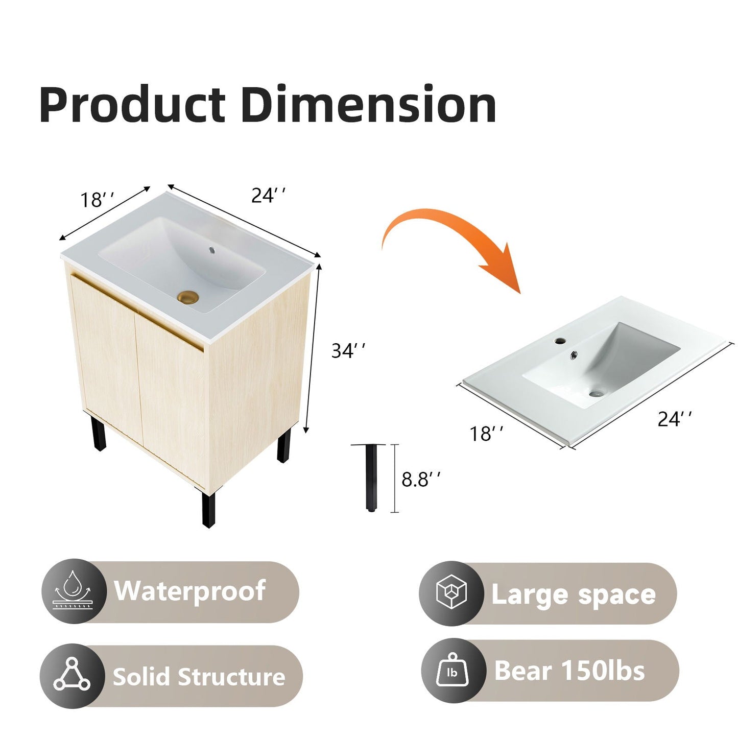 Bathroom vanity with ceramic sink, light wood floor-standing cabinet with soft-close drawers on Tampa Home & Garden Store