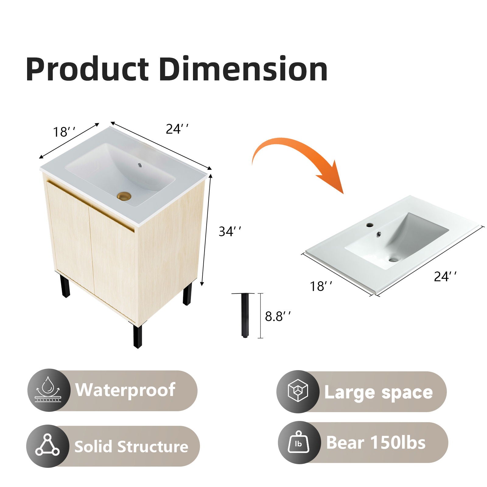 Bathroom vanity with ceramic sink, light wood floor-standing cabinet with soft-close drawers on Tampa Home & Garden Store