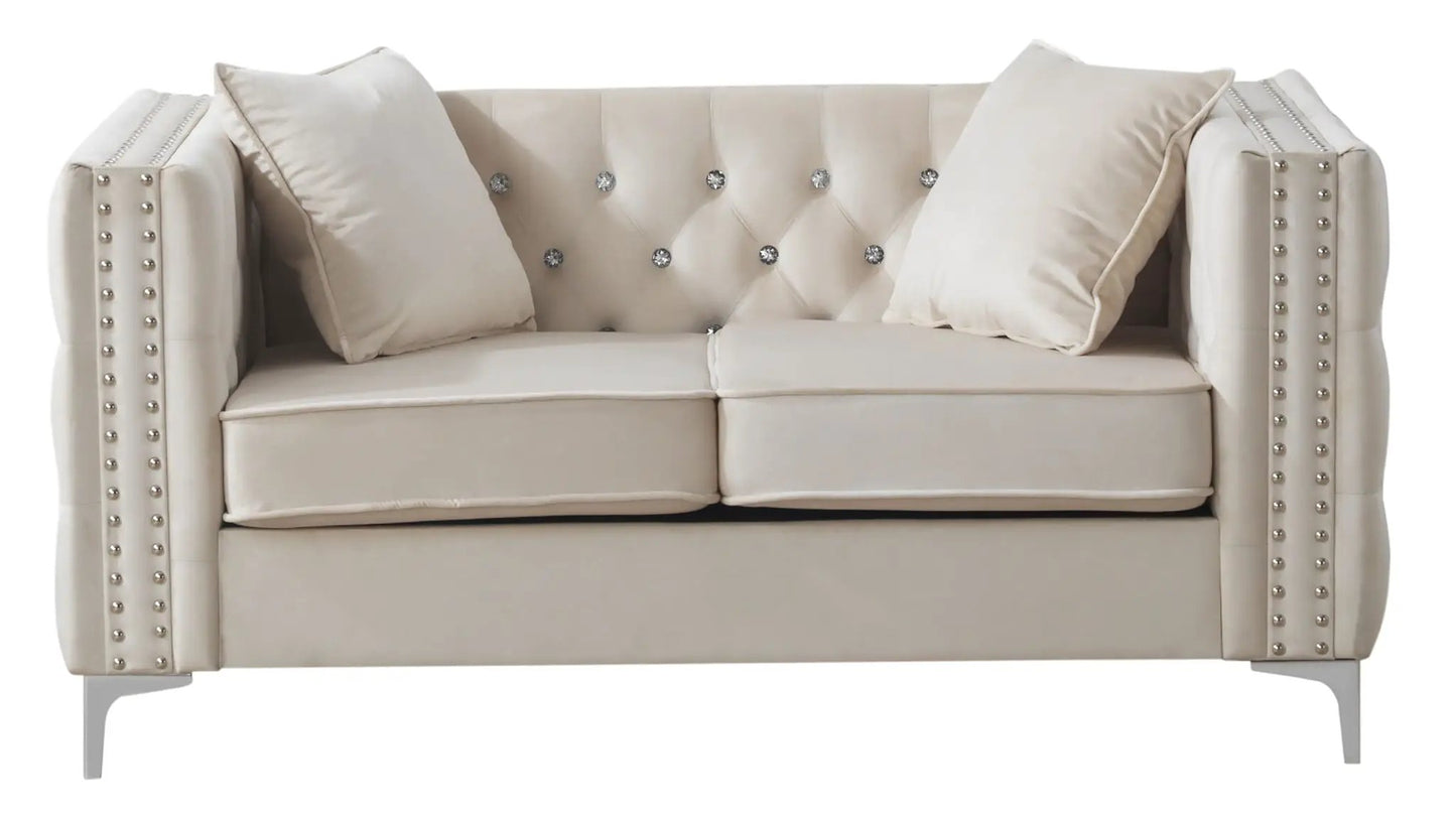 Elegant Track Arm Loveseat, cream upholstery with tufted back, crystal buttons, stationary on Tampa Home & Garden Store