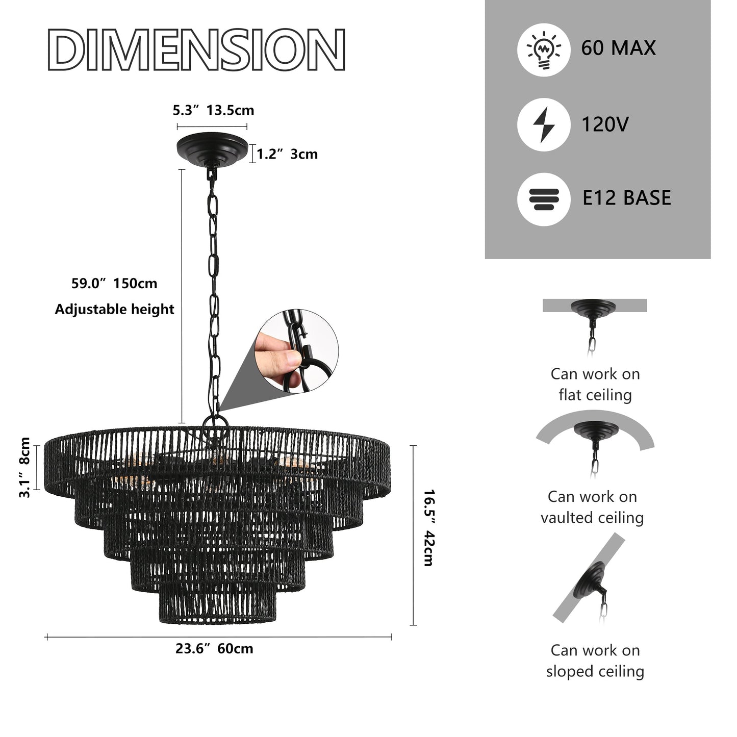 24-inch rustic five-tier black hemp rope pendant light chandelier by HouseOfZazla on Tampa Home & Garden Store