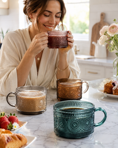 Hobnail Glass Mug Set with Lids and Gold Spoons