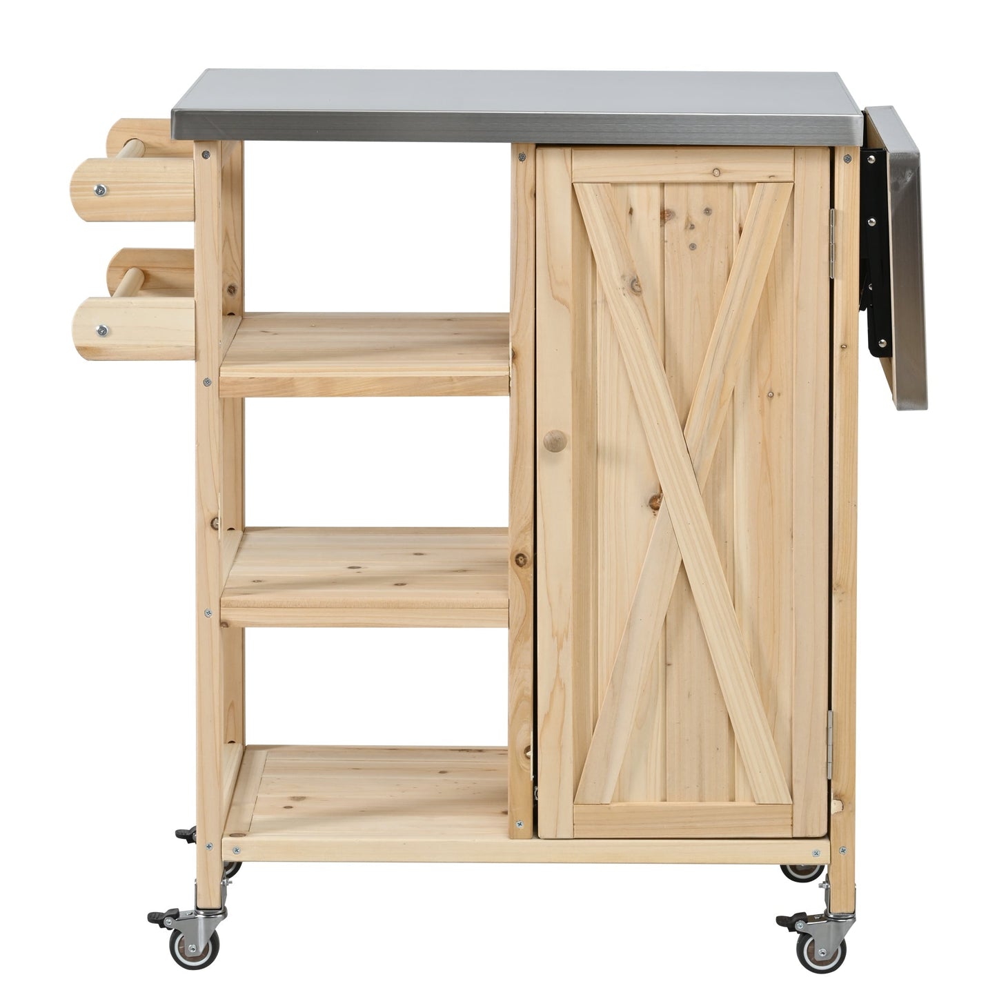 Foldable outdoor kitchen island with stainless steel top and wood frame on casters on Tampa Home & Garden Store