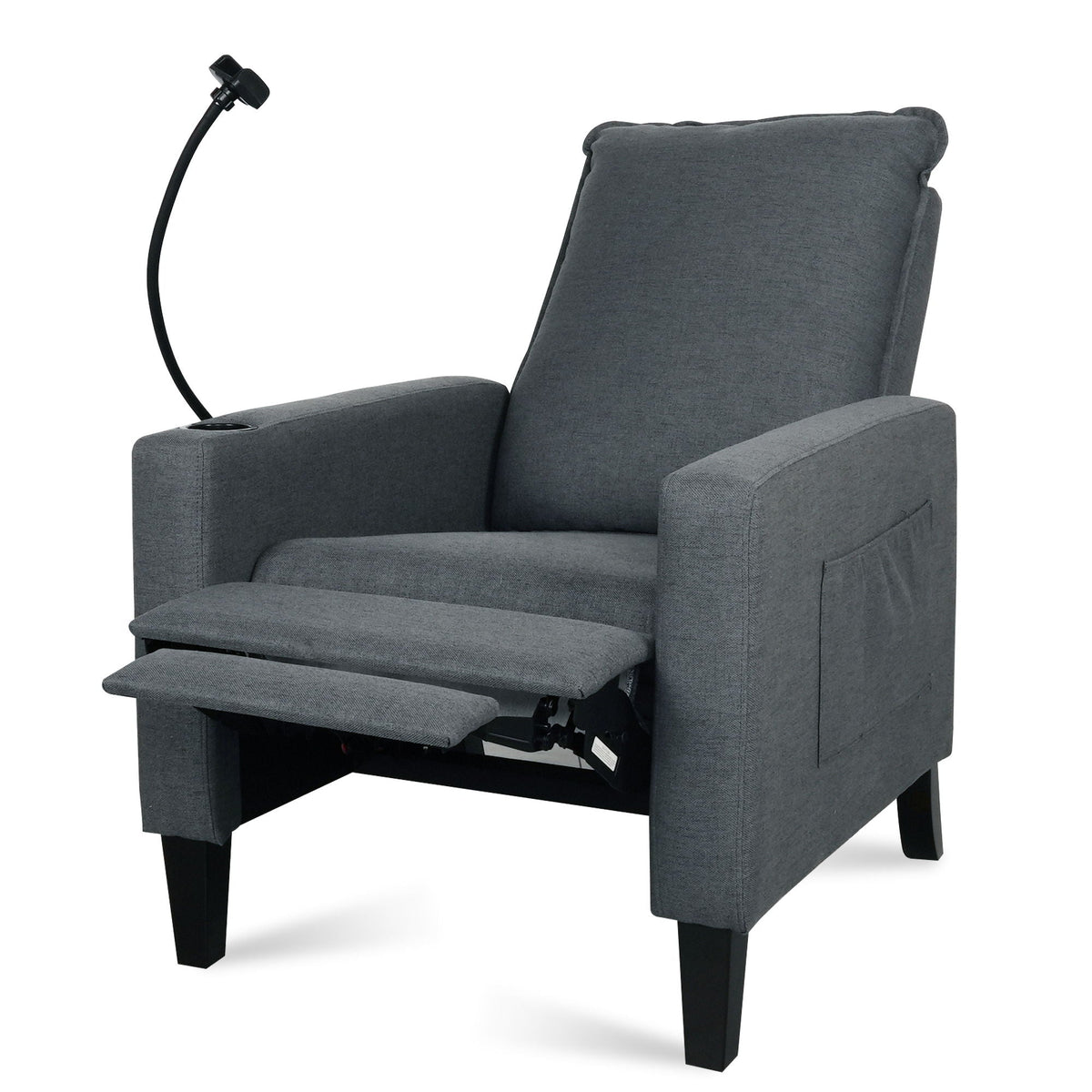 Recliner chair dark gray fabric with adjustable footrest and phone/cup holders on Tampa Home & Garden Store