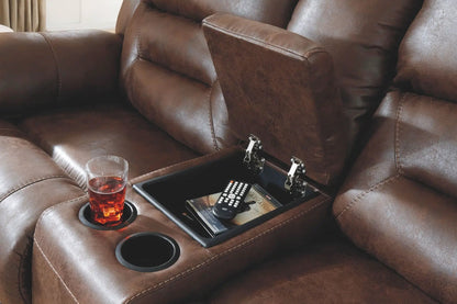 Stoneland reclining living room set in brown leather with center console and cup holders on Tampa Home & Garden Store