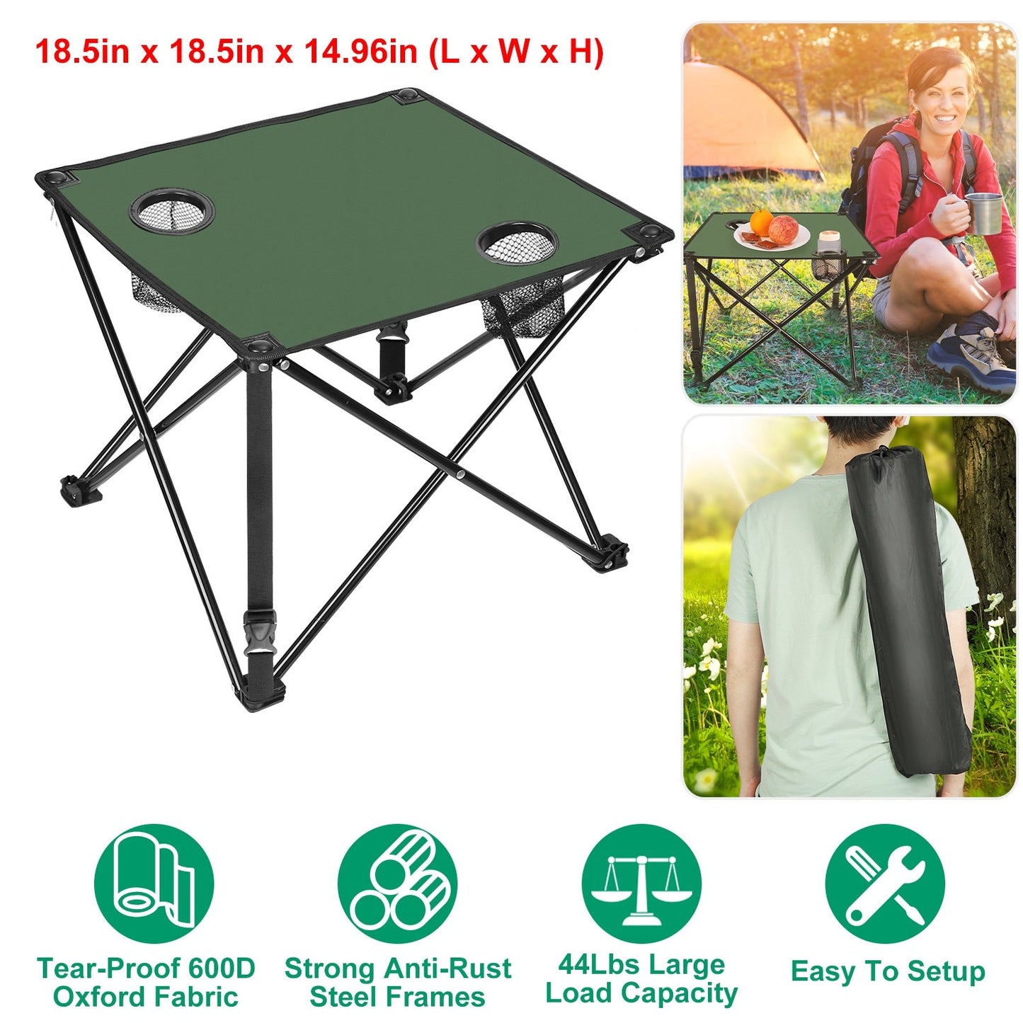 2Pcs Foldable Camping Table by GemGear with green top, 2 cup holders, and carrying bag on Tampa Home & Garden Store