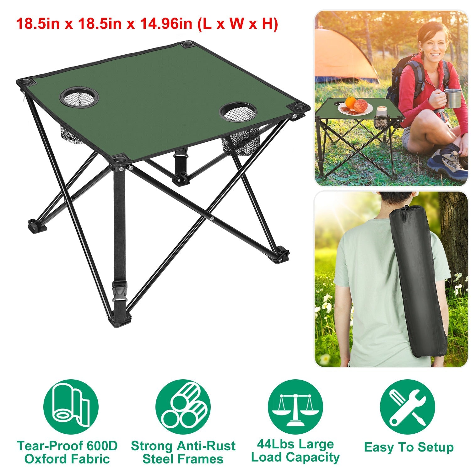 2Pcs Foldable Camping Table by GemGear with green top, 2 cup holders, and carrying bag on Tampa Home & Garden Store