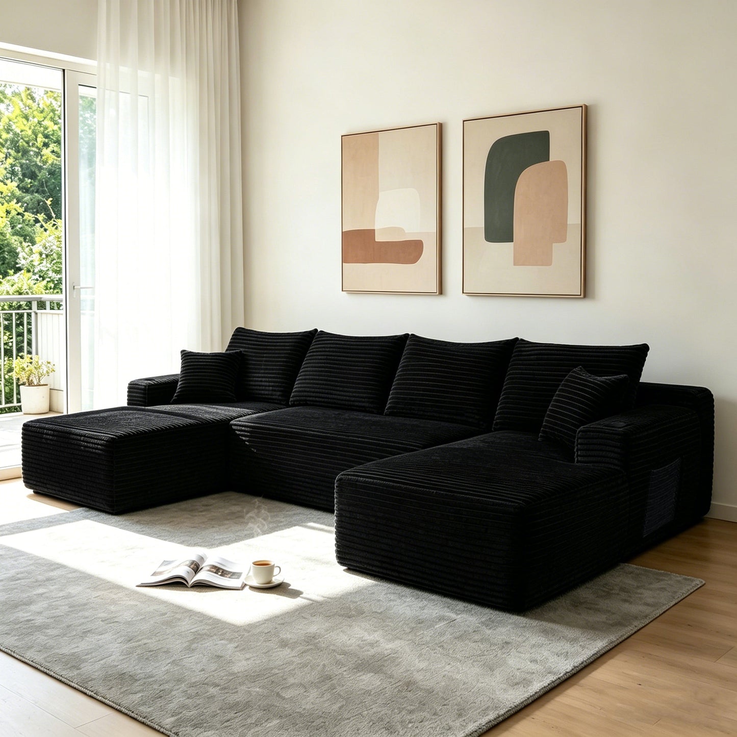 126-inch Cloud Sectional Sofa with U-Shape Chaise by HouseOfZazla in black textured fabric on Tampa Home & Garden Store