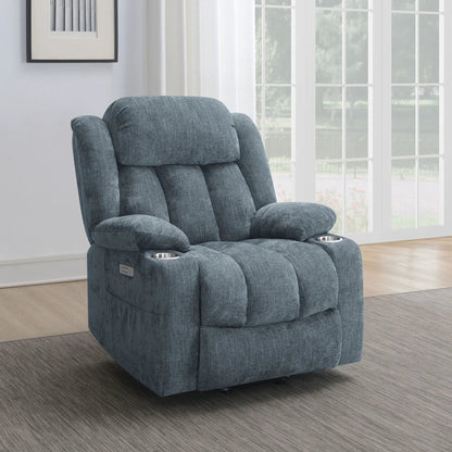 Beca upholstered power lift recliner in blue-gray fabric with two cupholders on Tampa Home & Garden Store