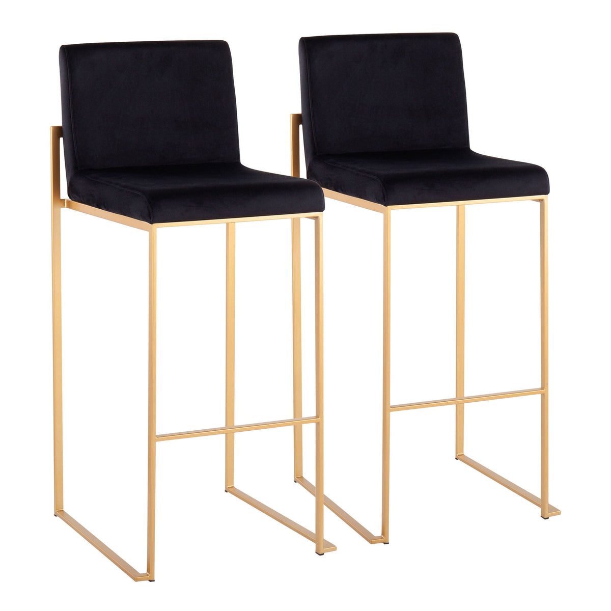 High-back barstool set with black upholstery, gold frames, pair on Tampa Home & Garden Store