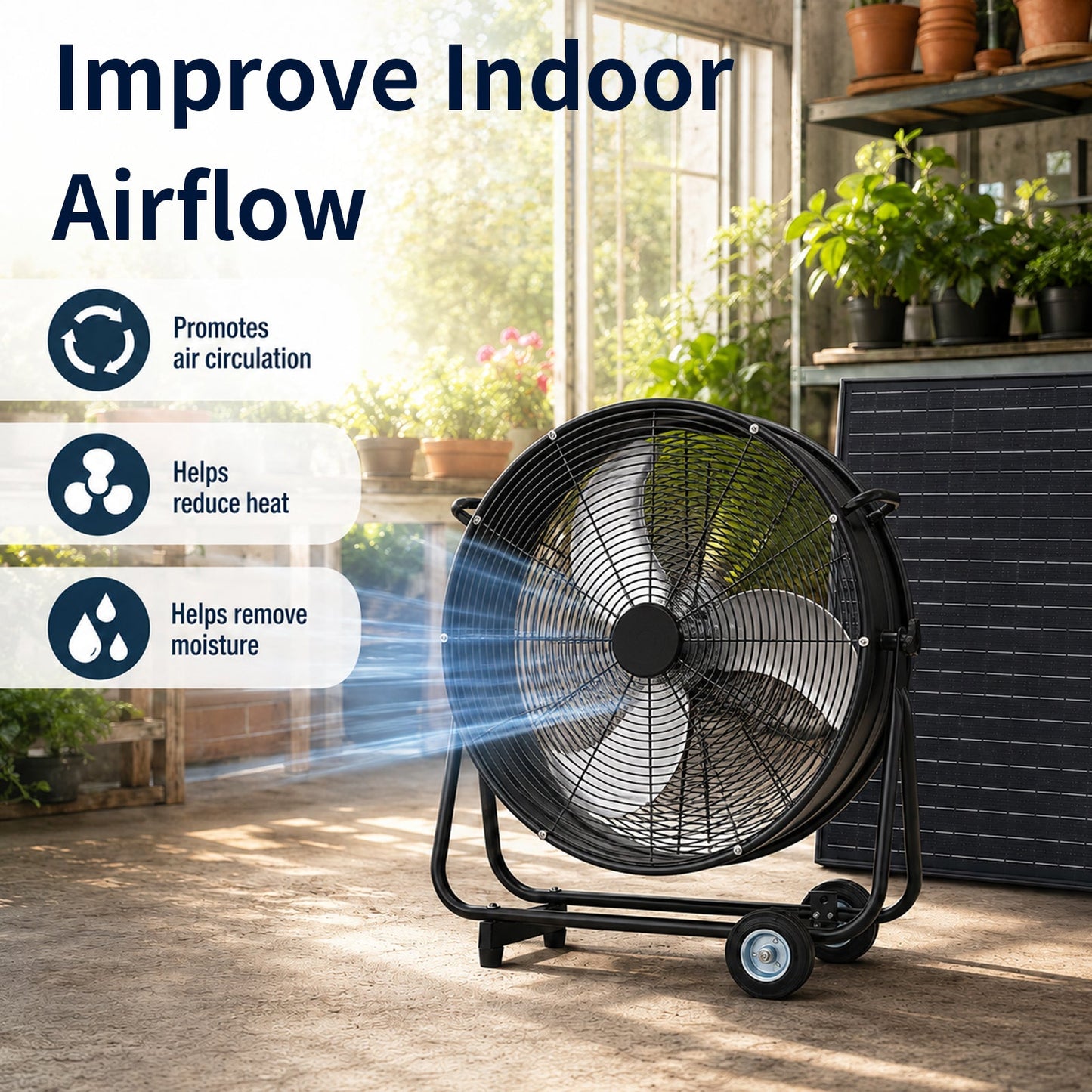 24 Inch Solar Floor-Standing Fan by HouseOfZazla, black steel frame with adjustable solar panel on Tampa Home & Garden Store