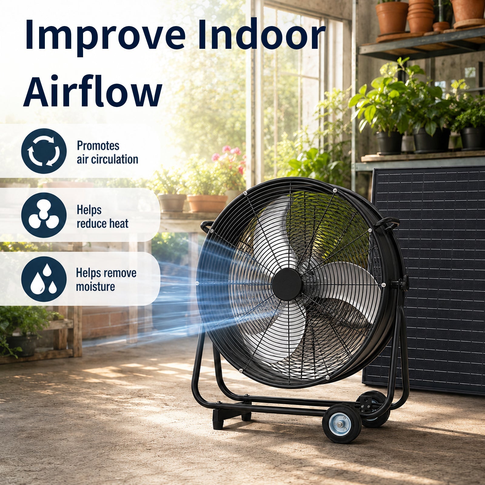 24 Inch Solar Floor-Standing Fan by HouseOfZazla, black steel frame with adjustable solar panel on Tampa Home & Garden Store