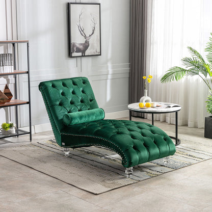 Velvet button-tufted green chaise lounge with bolster pillow by HouseOfZazla on Tampa Home & Garden Store
