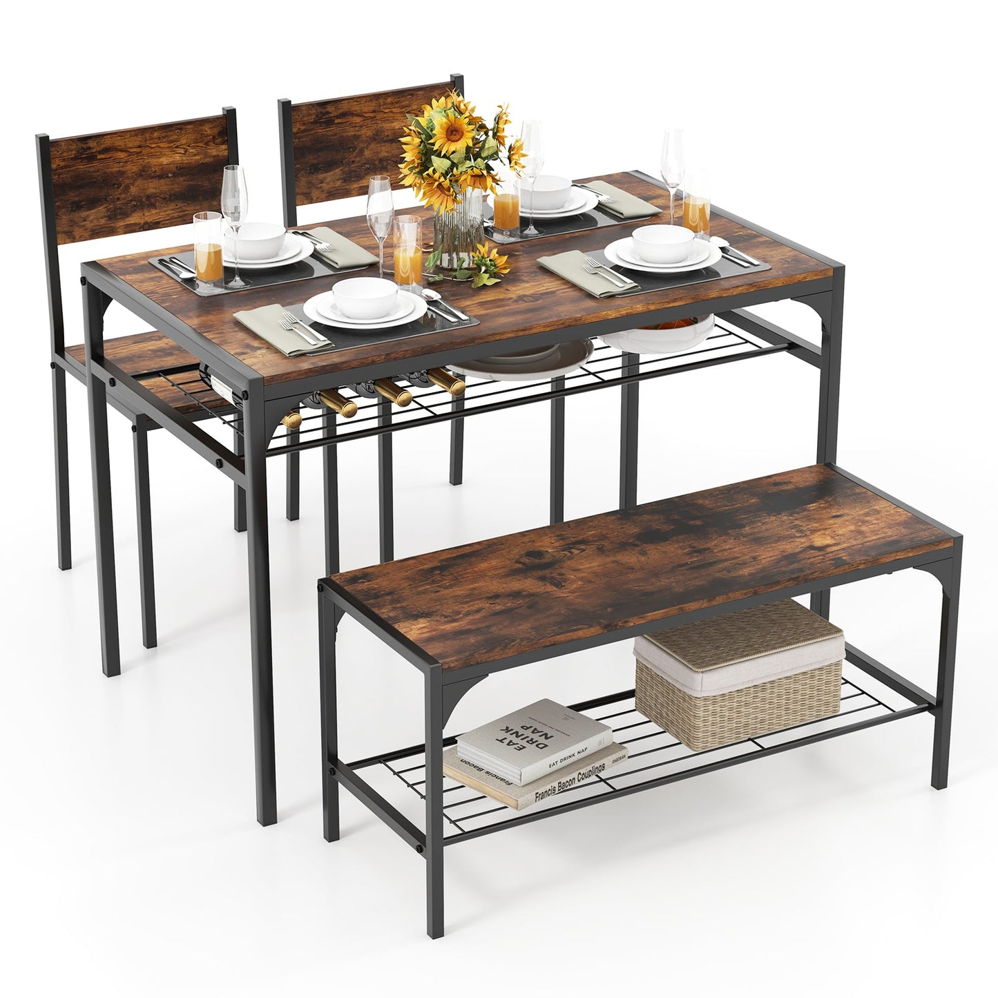 Industrial Style Rectangular Kitchen Table with Bench and Chairs-Walnut