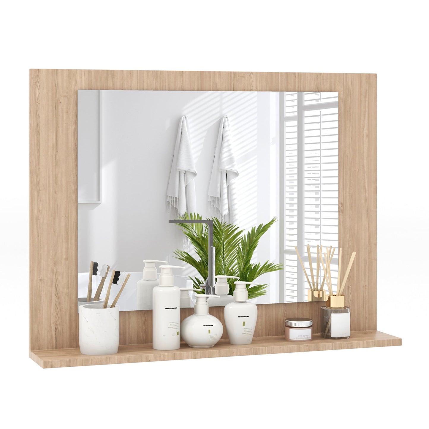 Espejo de baño rectangular con estante de 23.5 x 17.5 pulgadas y marco de madera - Marrón