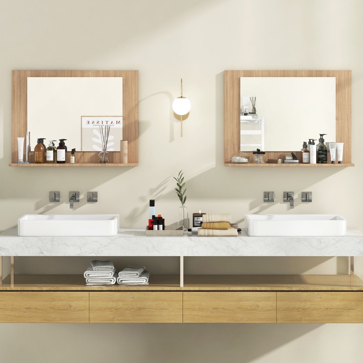 Espejo de baño rectangular con estante de 23.5 x 17.5 pulgadas y marco de madera - Marrón