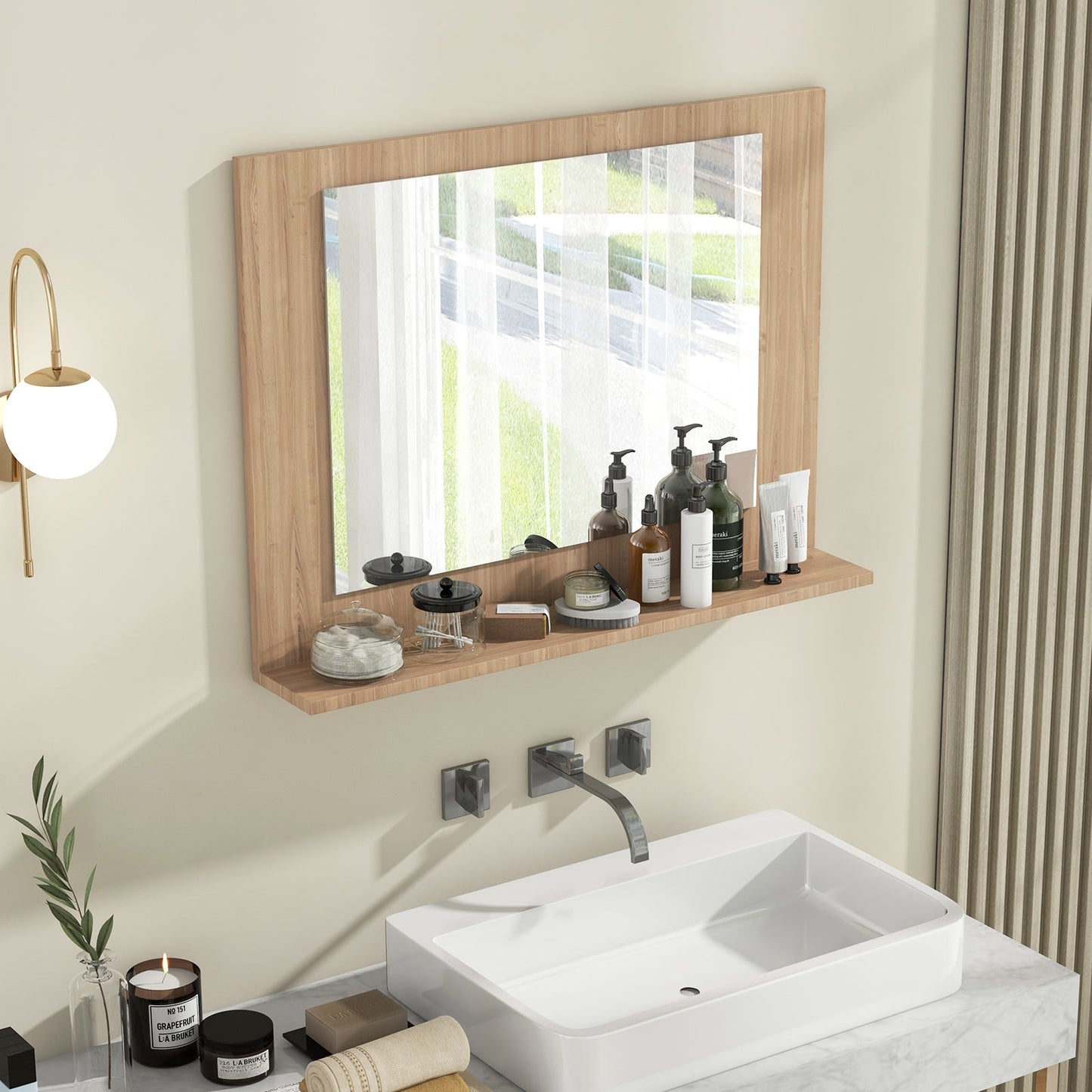 Espejo de baño rectangular con estante de 23.5 x 17.5 pulgadas y marco de madera - Marrón