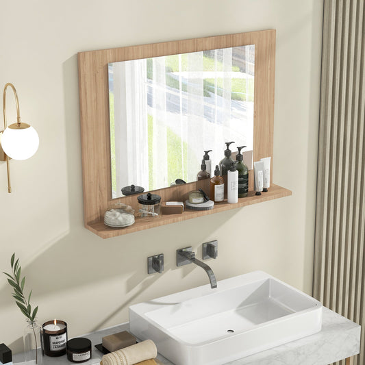 Rectangle Bathroom Mirror with Shelf 23.5 x 17.5 Inch and Wood Frame-Brown - Tampa Home & Garden Store