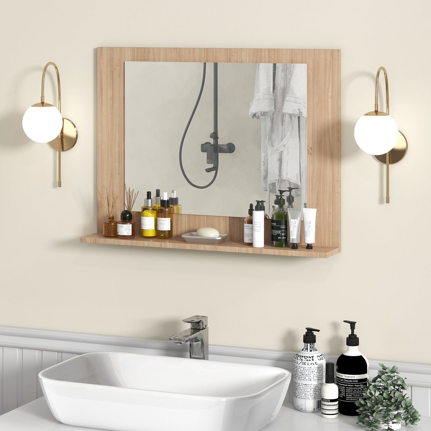 Espejo de baño rectangular con estante de 23.5 x 17.5 pulgadas y marco de madera - Marrón
