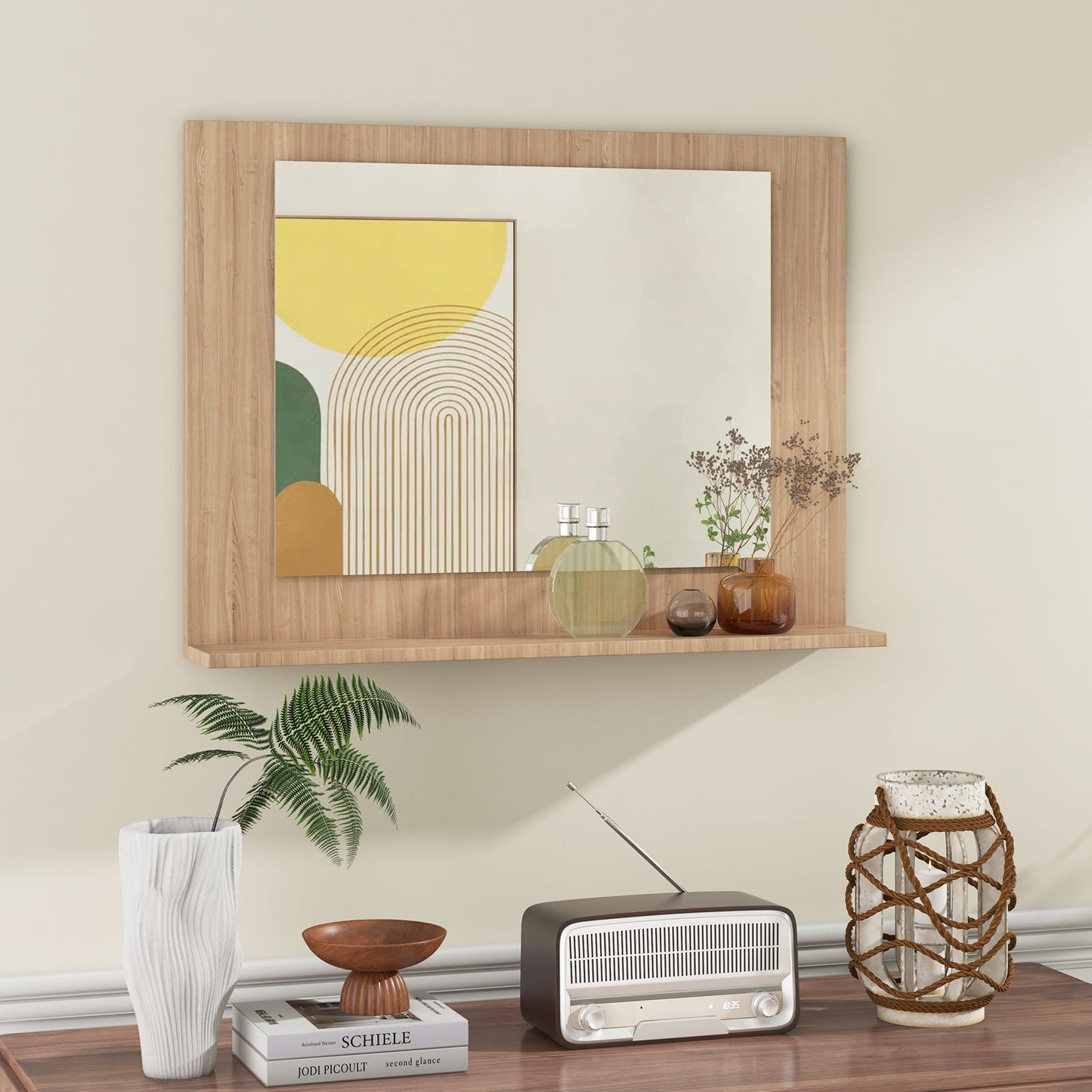 Espejo de baño rectangular con estante de 23.5 x 17.5 pulgadas y marco de madera - Marrón
