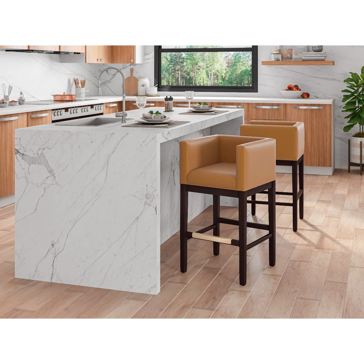 Counter Stool with Upholstered Tan Seat and Beech Wood Frame, 2 shown on Tampa Home & Garden Store