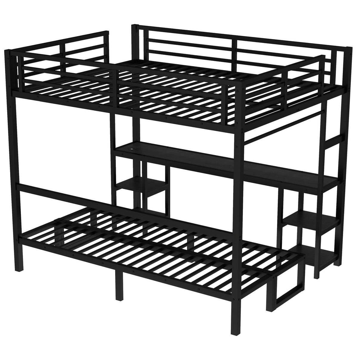 Queen over Twin XL metal bunk bed with desk and shelves, black finish by HouseOfZazla on Tampa Home & Garden Store