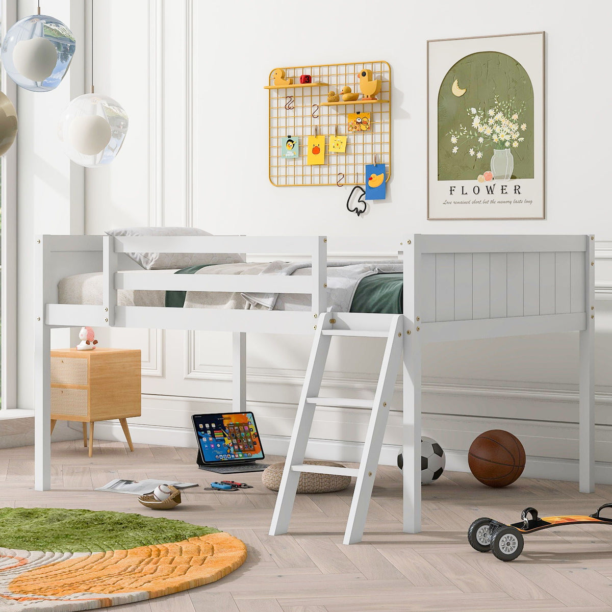Low loft bed with adjustable ladder in white by HouseOfZazla, loft beds & bed frames on Tampa Home & Garden Store