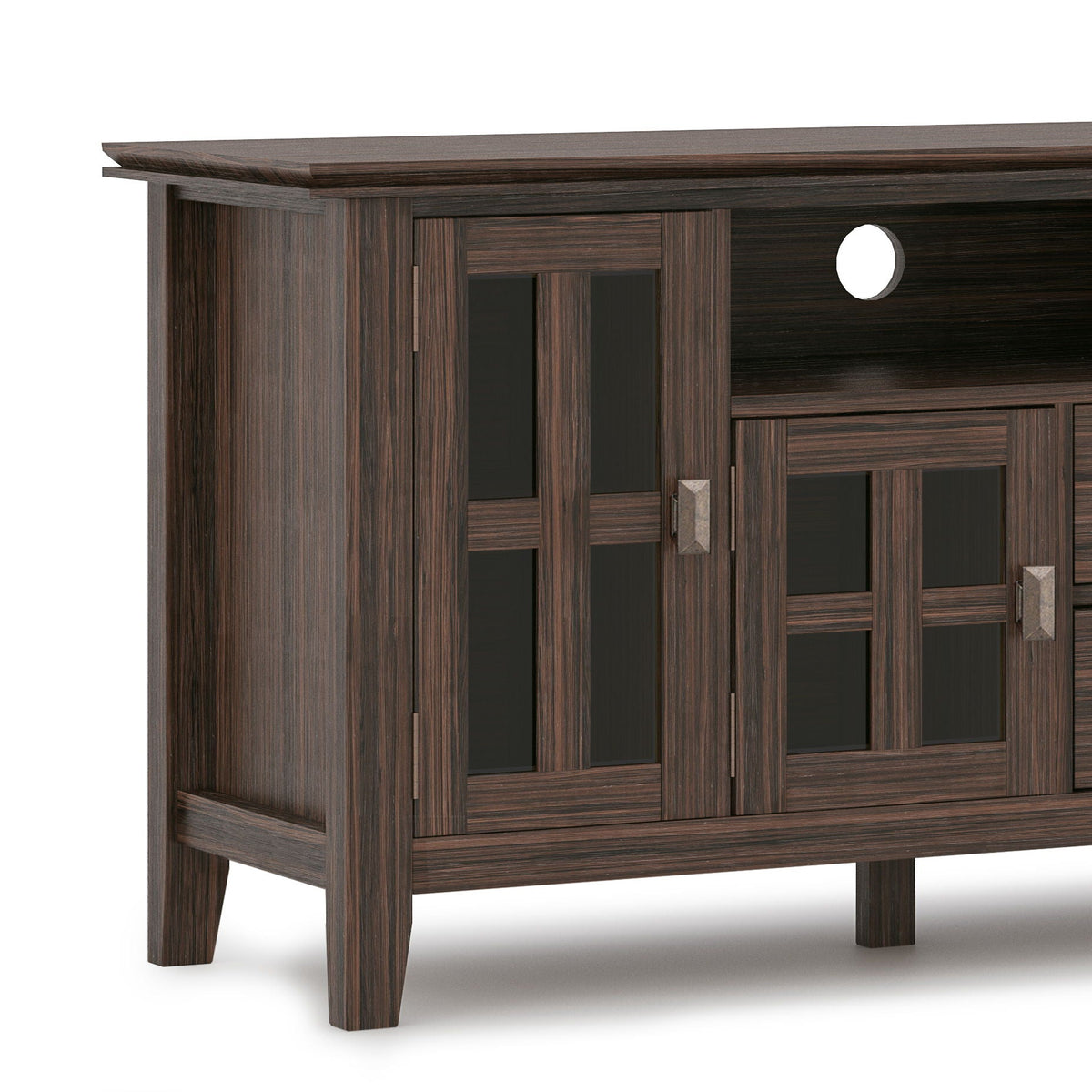 Artisan solid wood TV stand in dark walnut with glass-front cabinet doors and flip drawer on Tampa Home & Garden Store