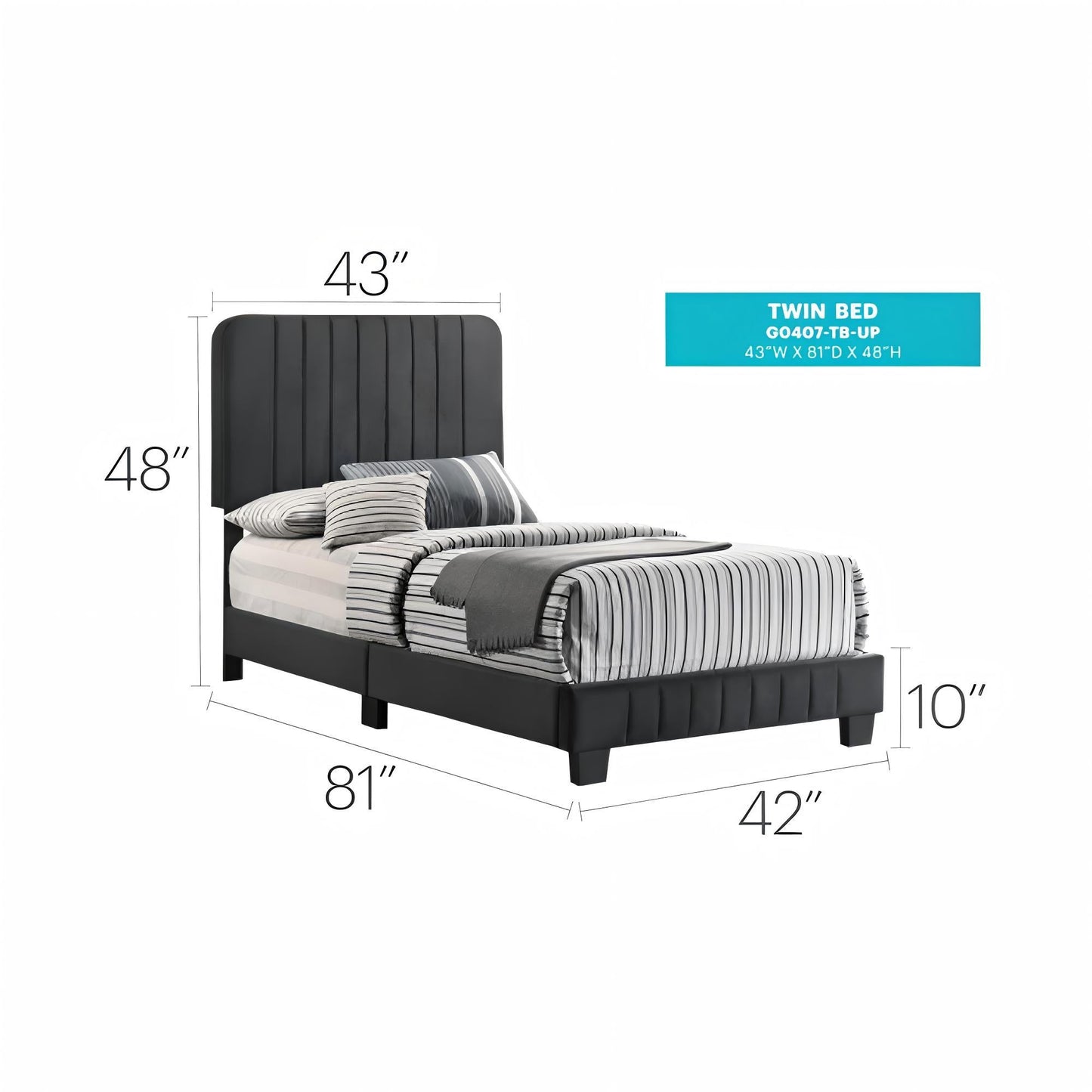 Channel Tufted Twin Bed by HouseOfZazla, black upholstered headboard with vertical tufting on Tampa Home & Garden Store