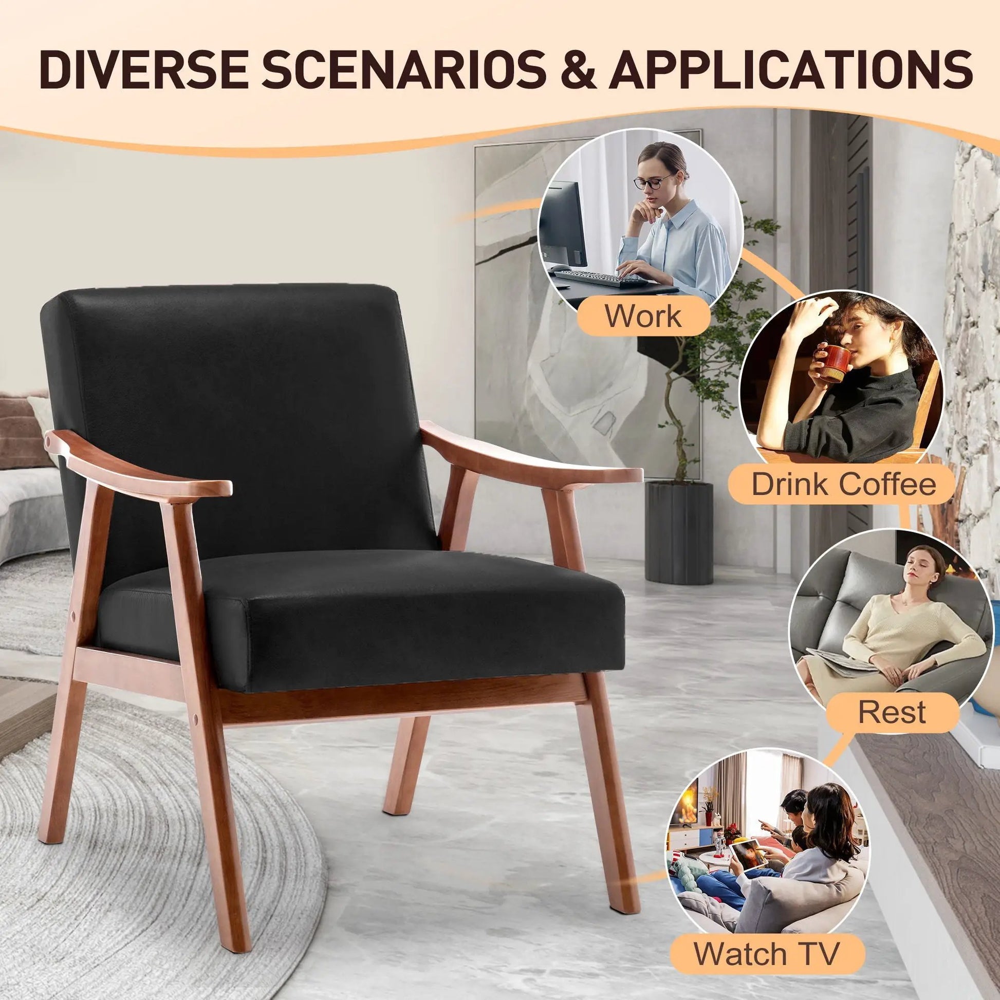 Mid Century Modern accent chair with solid wood frame and thick backrest, black upholstery on Tampa Home & Garden Store