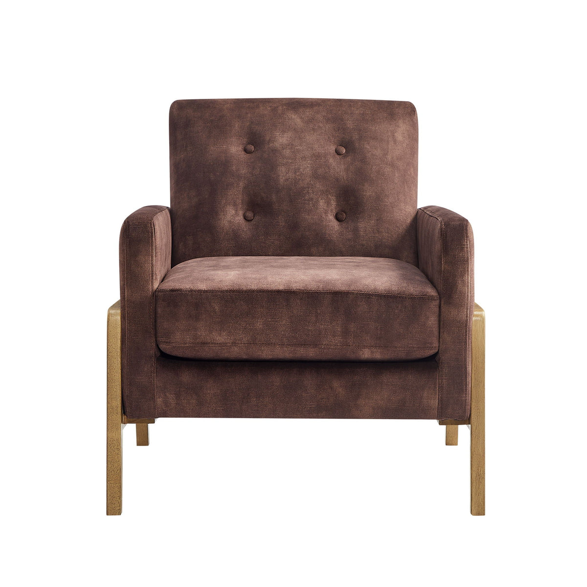 Tufted back accent chair in brown distressed upholstery with two-button back and light wood legs on Tampa Home & Garden Store