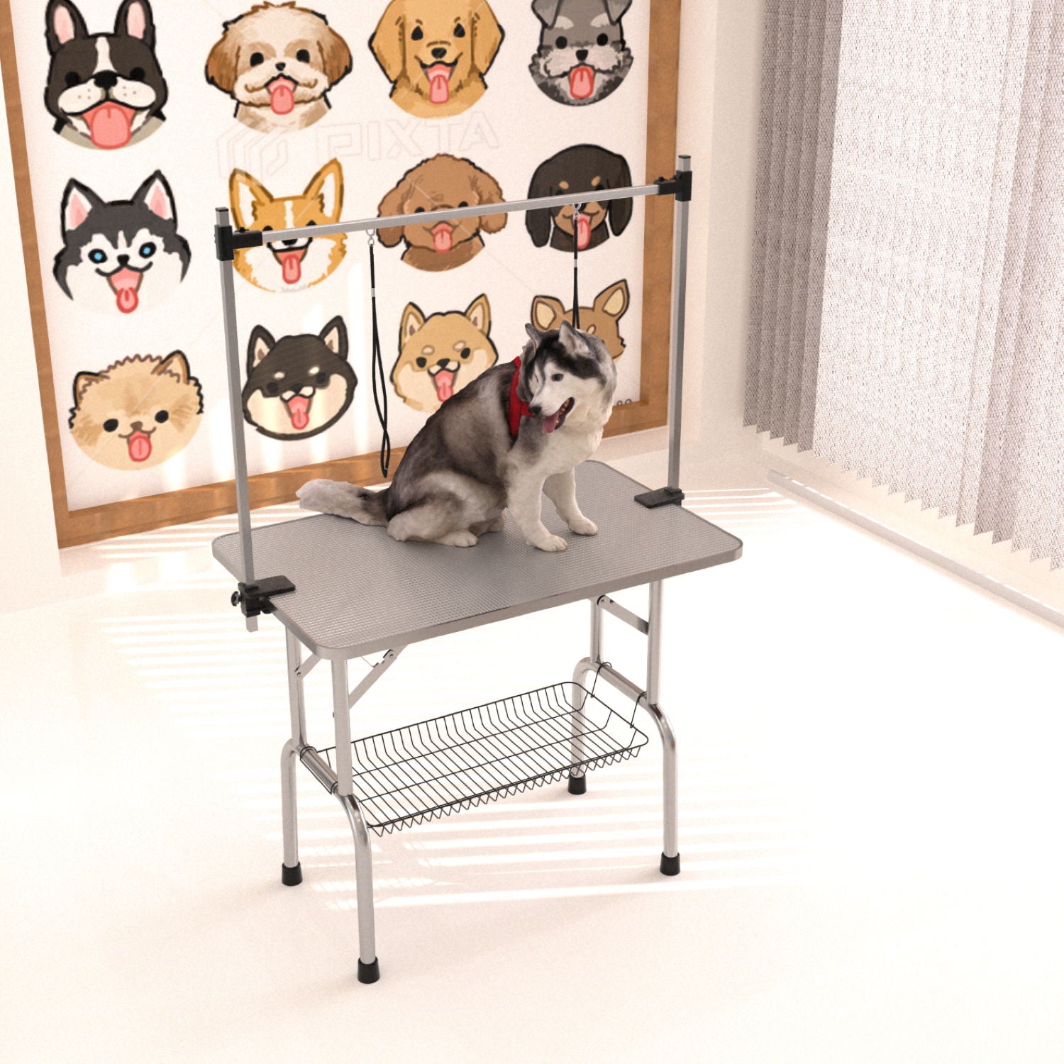 Folding pet grooming table with steel frame rubber mat adjustable arm clamps on Tampa Home & Garden Store