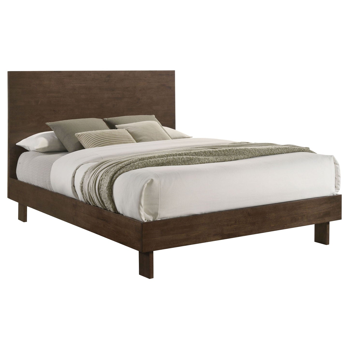 Hemlock platform bed with tall headboard in dark brown wood by HouseOfZazla, cozy bedding on Tampa Home & Garden Store