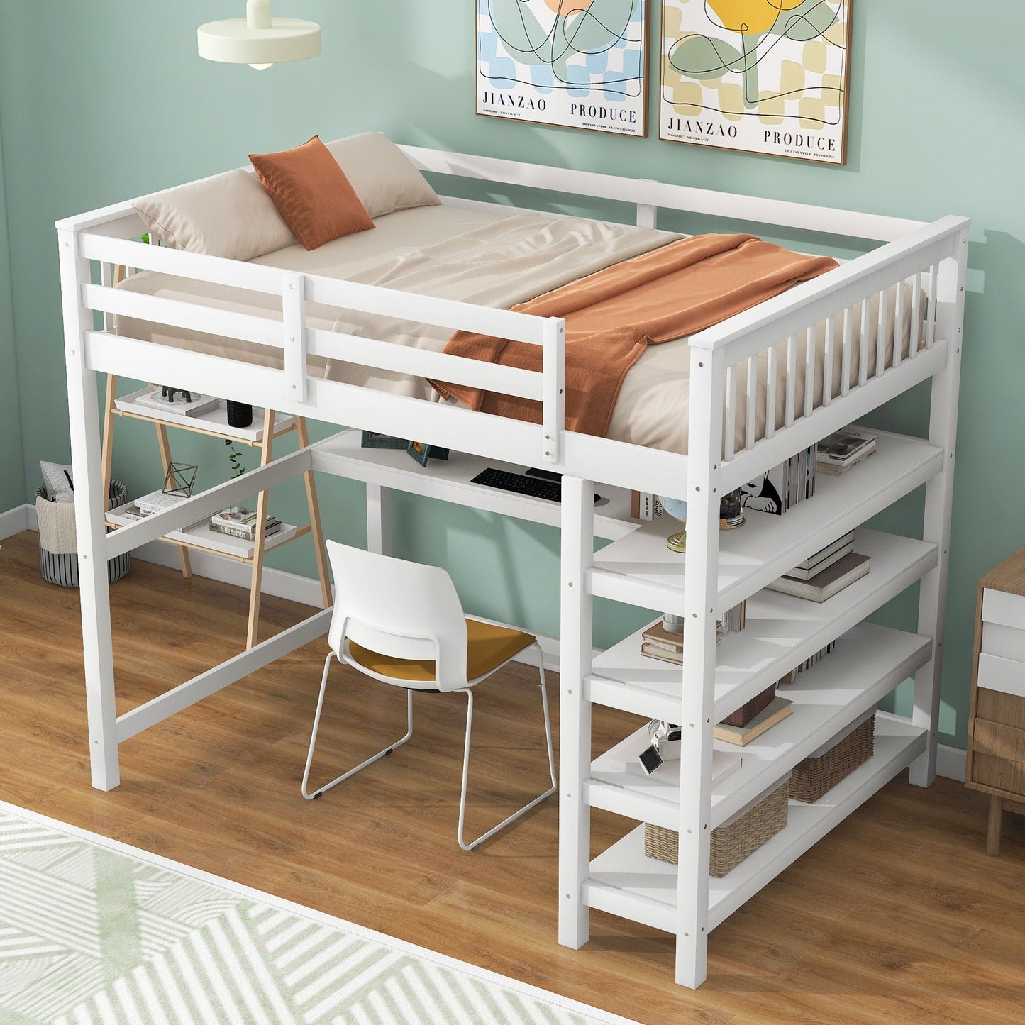 White wooden loft bed with storage shelves and under-bed desk, HouseOfZazla on Tampa Home & Garden Store