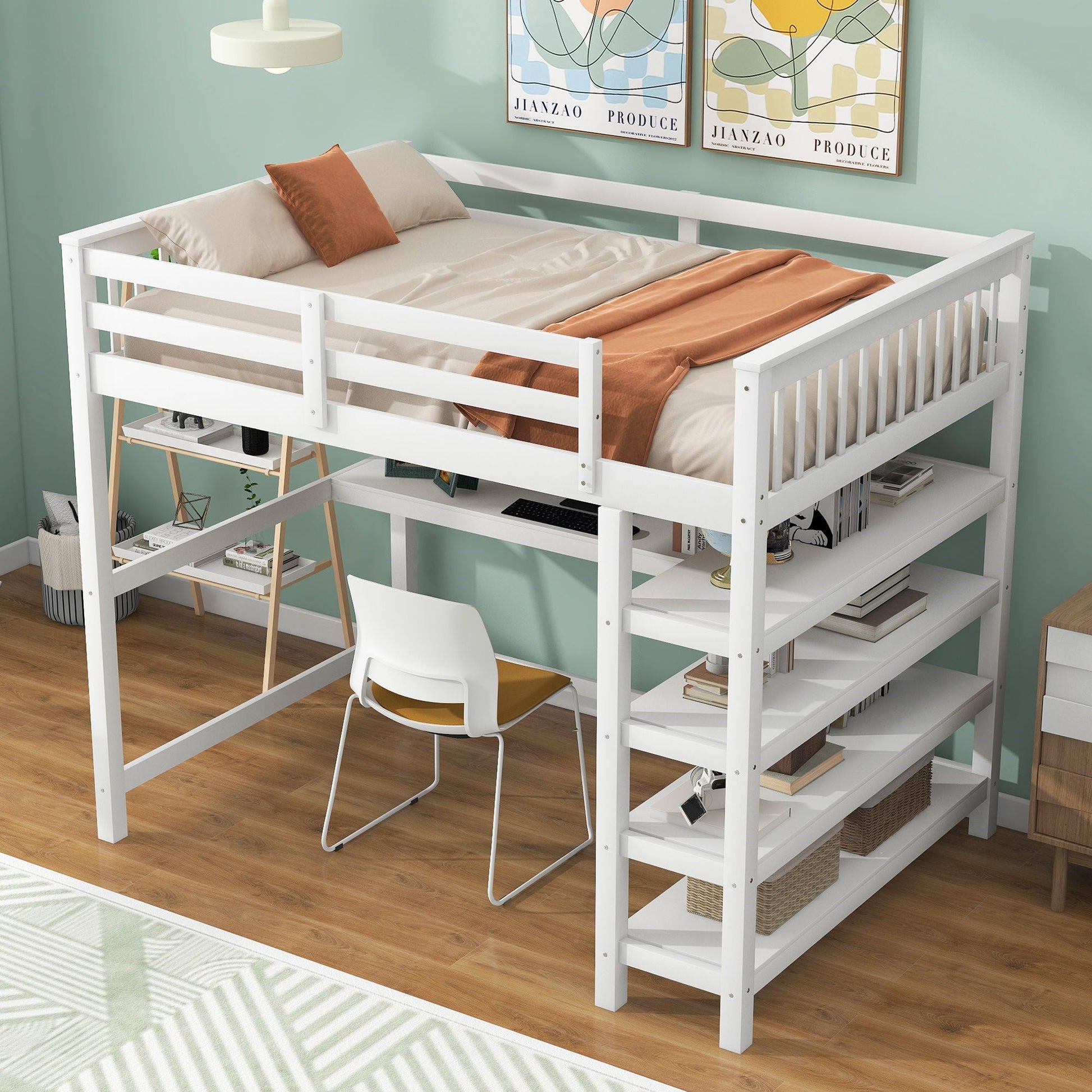 White wooden loft bed with storage shelves and under-bed desk, HouseOfZazla on Tampa Home & Garden Store