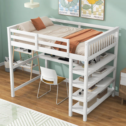 White wooden loft bed with storage shelves and under-bed desk, HouseOfZazla on Tampa Home & Garden Store