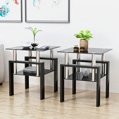 Set of 2 black tempered-glass end square tables with chrome cylindrical legs and lower shelves on Tampa Home & Garden Store