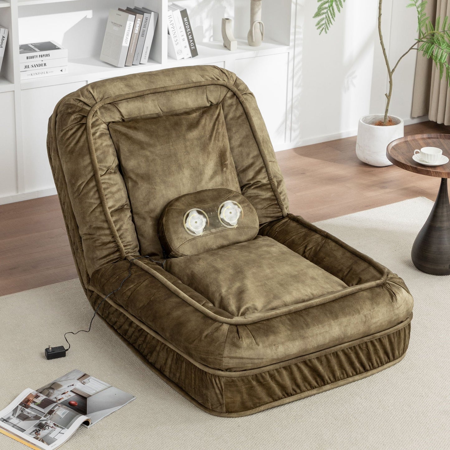 Brown upholstered massage bean bag floor sofa with massage pillow, 5 positions, 2 pillows on Tampa Home & Garden Store
