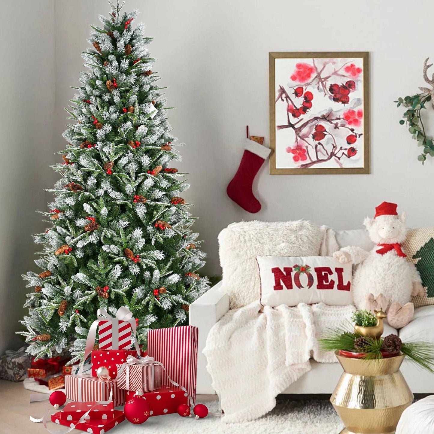 7.5-Foot Snow-Tipped Woodland Christmas Tree by HouseOfZazla with pinecones and red berries on Tampa Home & Garden Store