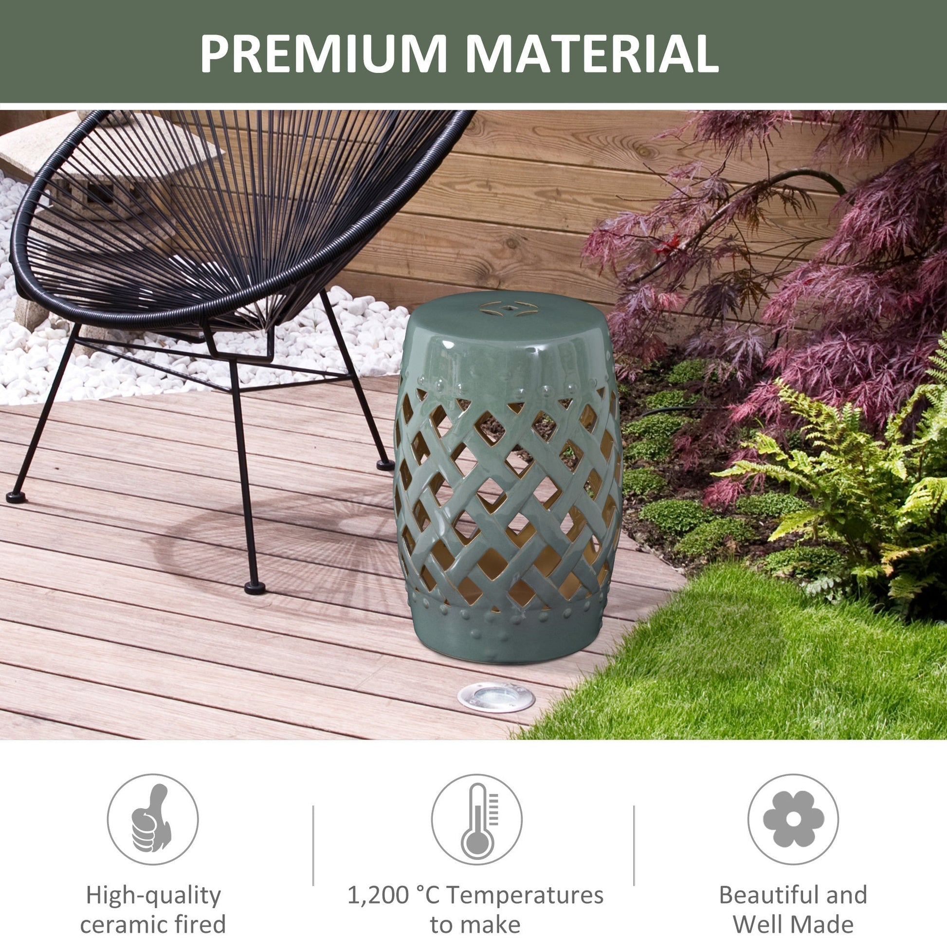 Outsunny 13' x 18' ceramic garden stool with woven lattice design in glazed teal on Tampa Home & Garden Store