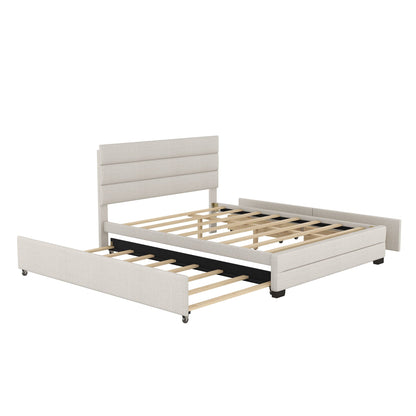 Beige upholstered queen platform bed with pull-out twin trundle and wood slat base on Tampa Home & Garden Store