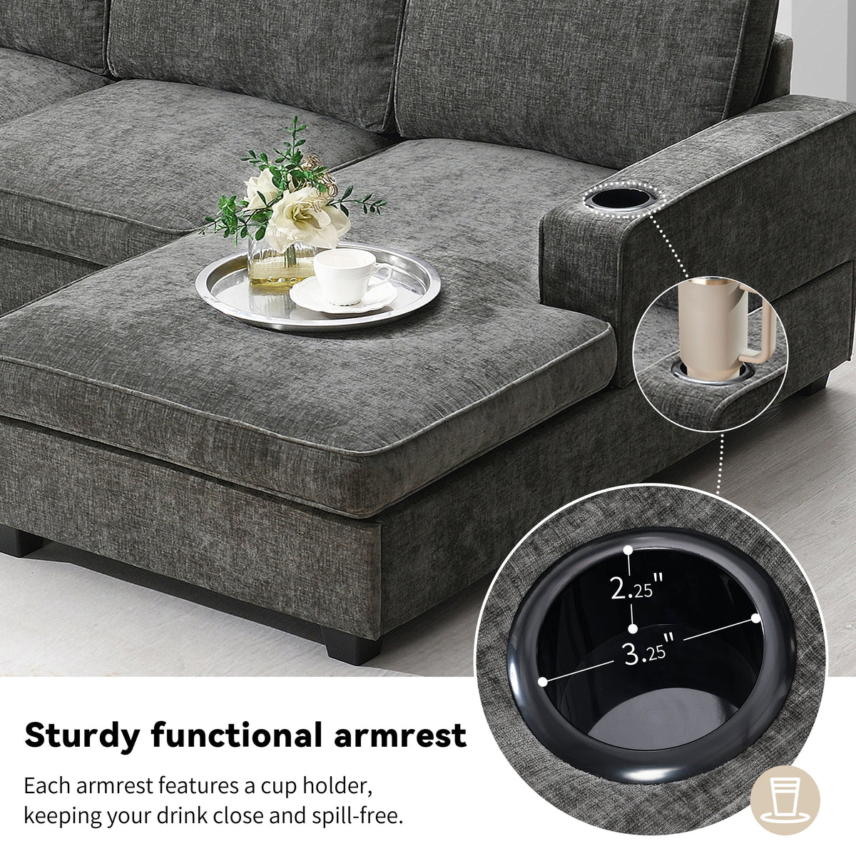 117.5-inch U-shaped sectional sofa in gray fabric with built-in cup holders by HouseOfZazla on Tampa Home & Garden Store