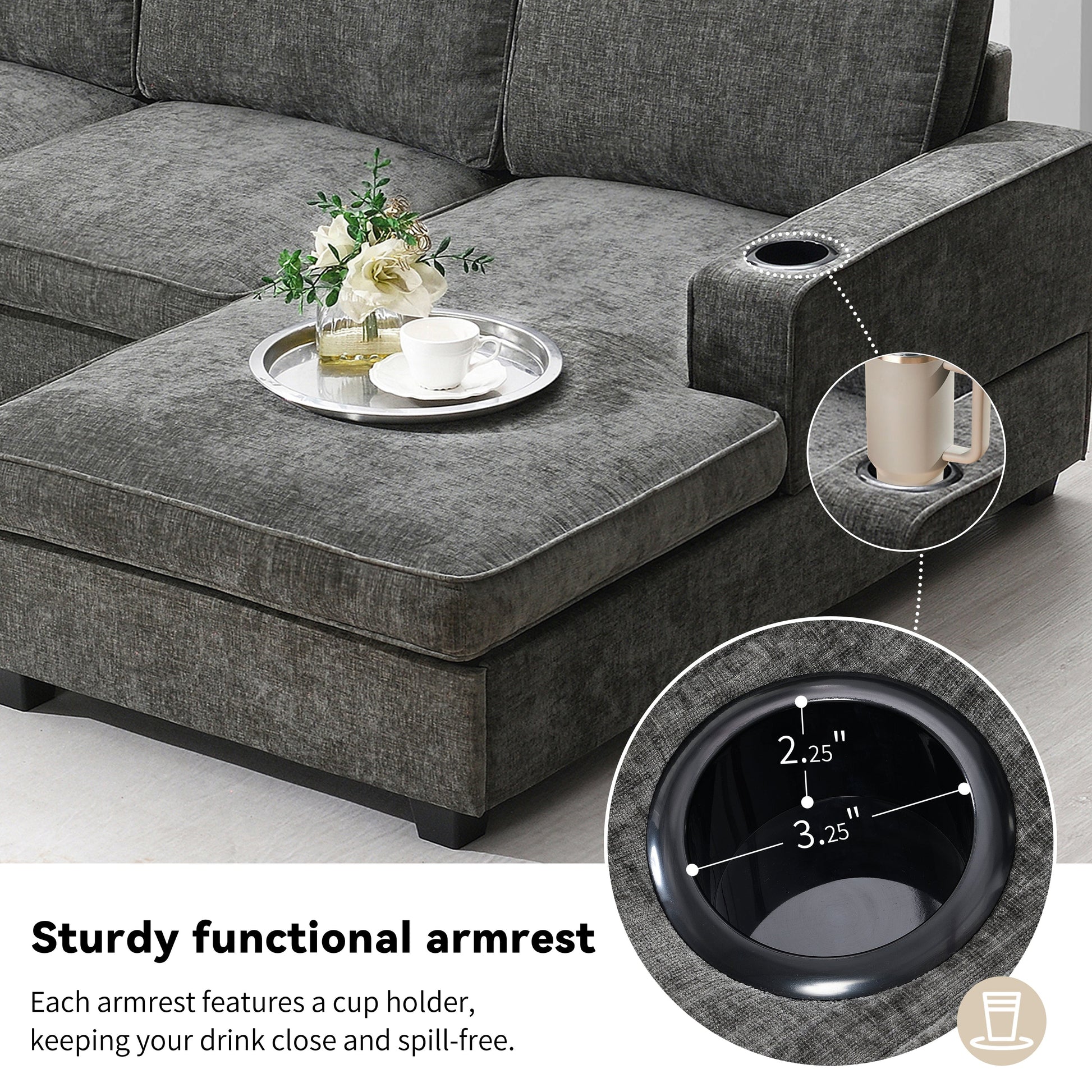 117.5-inch U-shaped sectional sofa in gray fabric with built-in cup holders by HouseOfZazla on Tampa Home & Garden Store