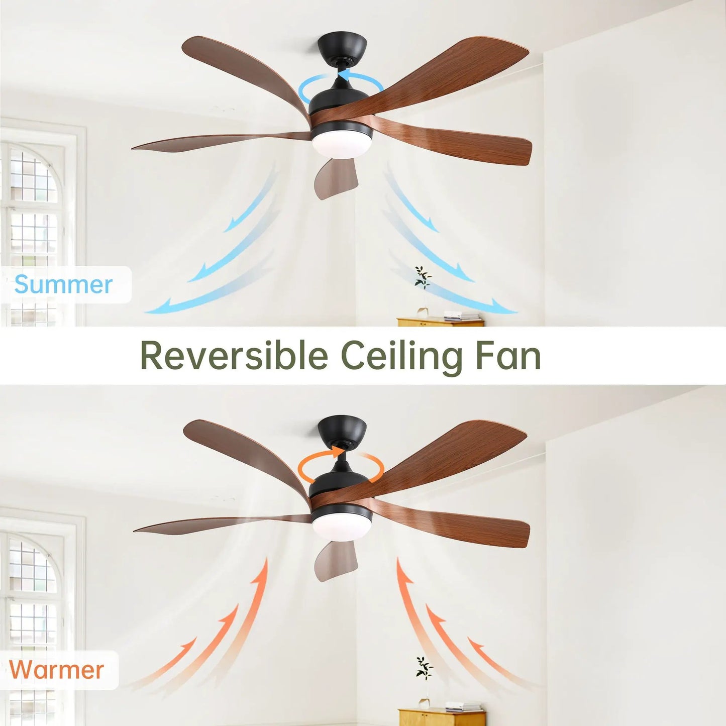 Ceiling fan with walnut wood blades and integrated light, black motor housing Unique Piece Furniture on Tampa Home & Garden Store