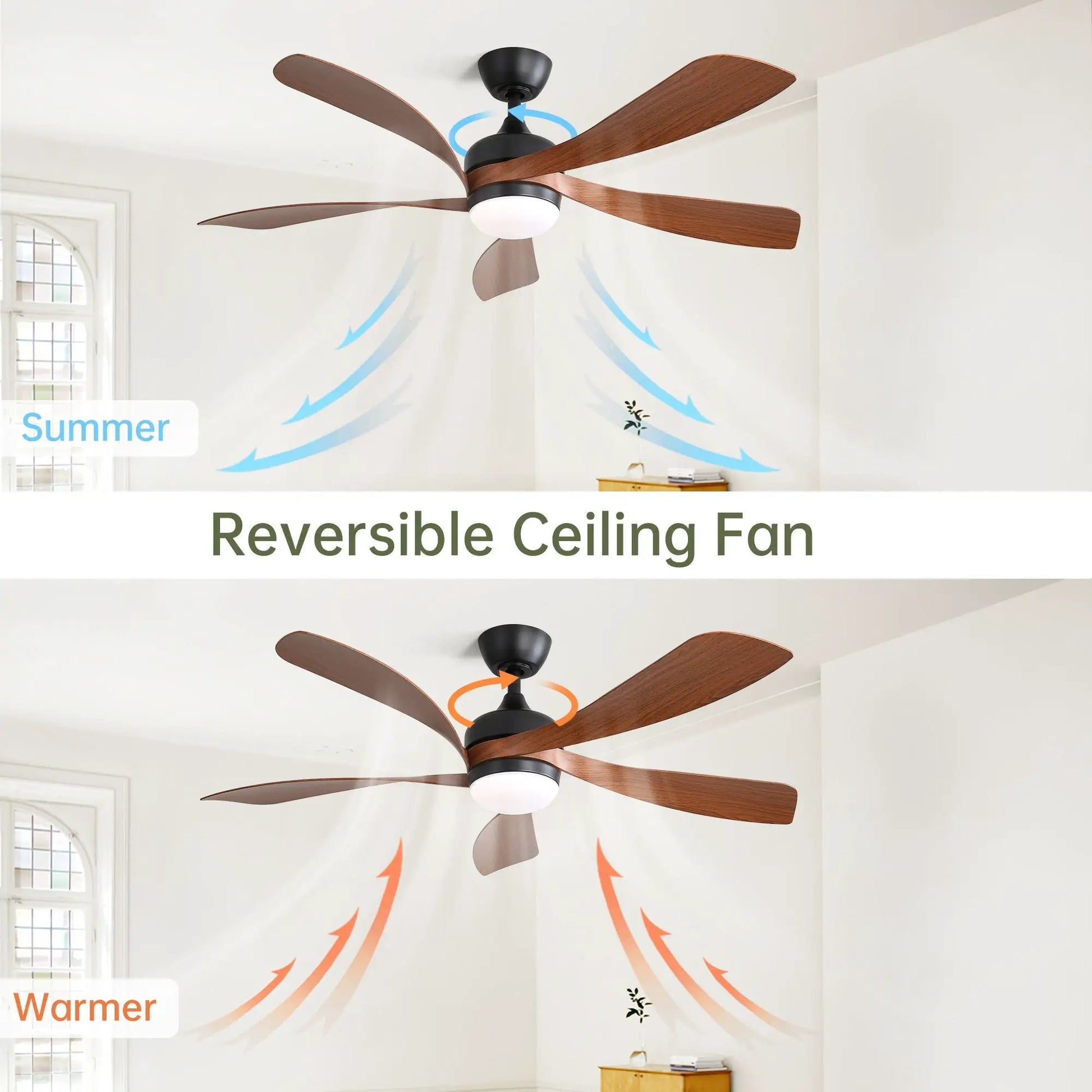 Ceiling fan with walnut wood blades and integrated light, black motor housing Unique Piece Furniture on Tampa Home & Garden Store